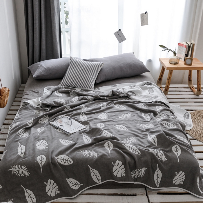 朴尔家纺-毛巾被 2026新款经典六层纱布全棉毛巾被系列-朴尔经典款常年备货 凉爽树叶灰