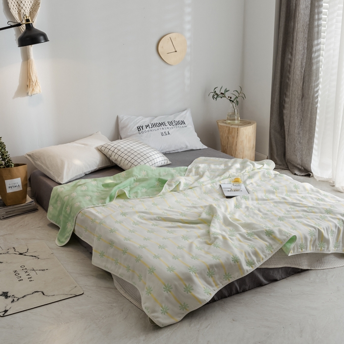 91家纺网 家纺一手货源 找家纺 朴尔家纺-毛巾被 2026新款经典六层纱布全棉毛巾被系列-朴尔经典款常年备货 小雏菊-绿