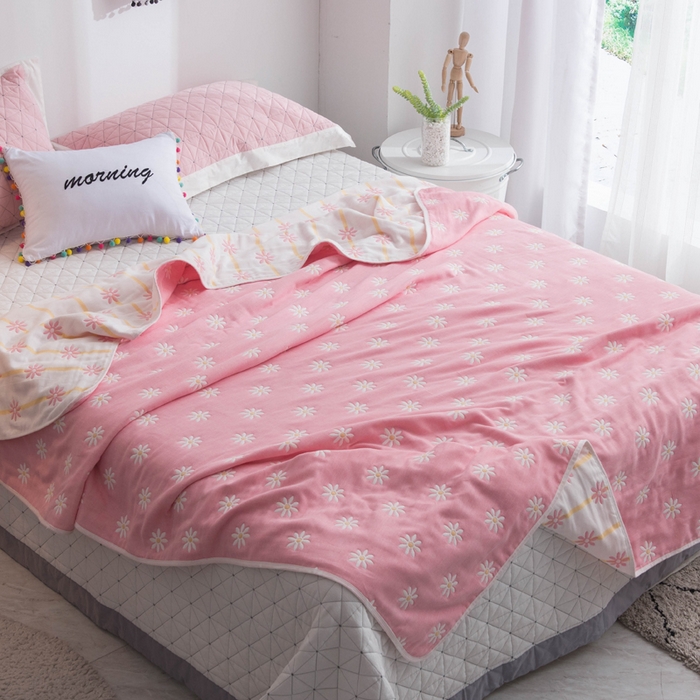 91家纺网 家纺一手货源 找家纺 朴尔家纺-毛巾被 2026新款经典六层纱布全棉毛巾被系列-朴尔经典款常年备货 小雏菊-粉