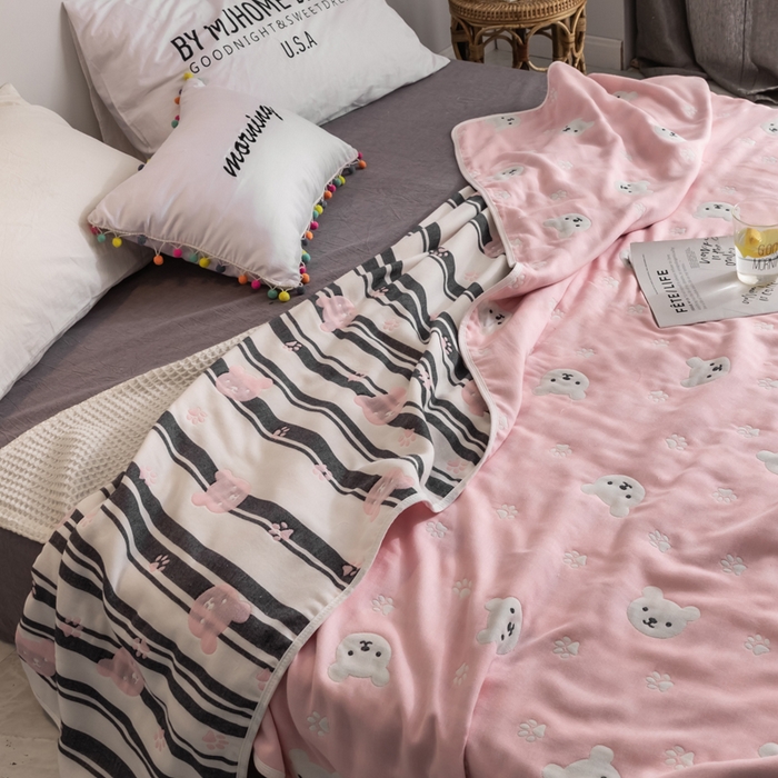 91家纺网 家纺一手货源 找家纺 朴尔家纺-毛巾被 2026新款经典六层纱布全棉毛巾被系列-朴尔经典款常年备货 甜蜜小熊-粉