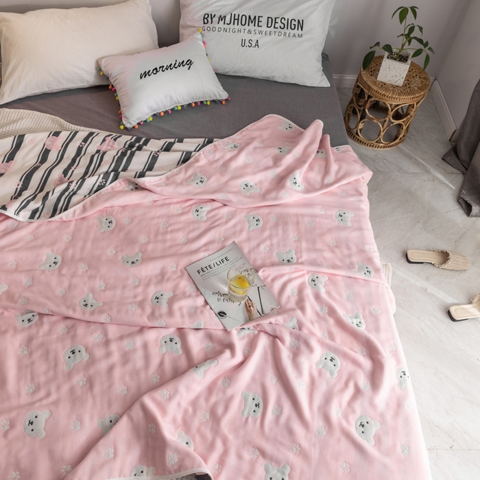 91家纺网 家纺一手货源 找家纺 朴尔家纺-毛巾被 2026新款经典六层纱布全棉毛巾被系列-朴尔经典款常年备货 甜蜜小熊-粉