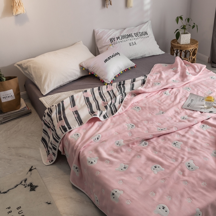 91家纺网 家纺一手货源 找家纺 朴尔家纺-毛巾被 2026新款经典六层纱布全棉毛巾被系列-朴尔经典款常年备货 甜蜜小熊-粉