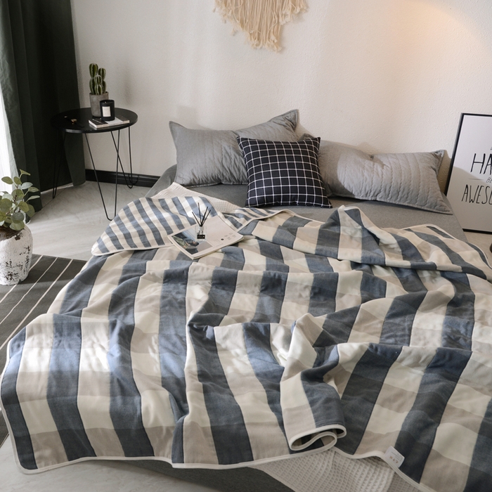 91家纺网 家纺一手货源 找家纺 朴尔家纺-毛巾被 2026新款经典六层纱布全棉毛巾被系列-朴尔经典款常年备货 日式大格-蓝