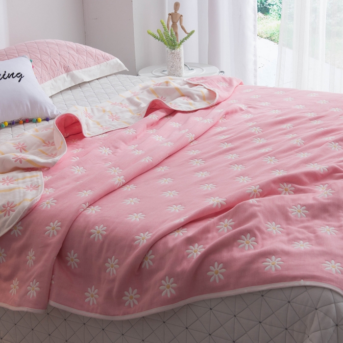 91家纺网 家纺一手货源 找家纺 朴尔家纺-毛巾被 2026新款经典六层纱布全棉毛巾被系列-朴尔经典款常年备货 小雏菊-粉