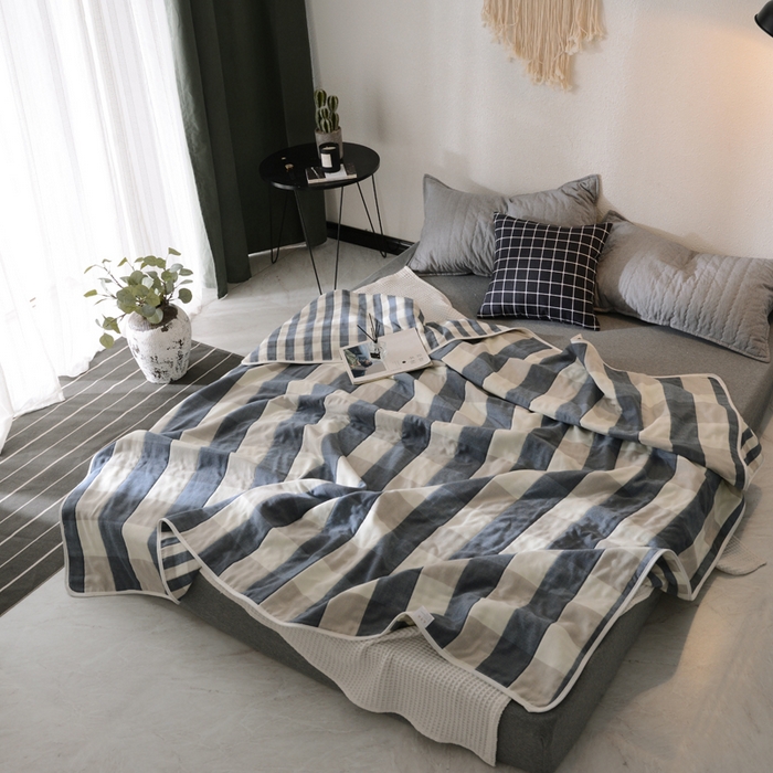 91家纺网 家纺一手货源 找家纺 朴尔家纺-毛巾被 2026新款经典六层纱布全棉毛巾被系列-朴尔经典款常年备货 日式大格-蓝