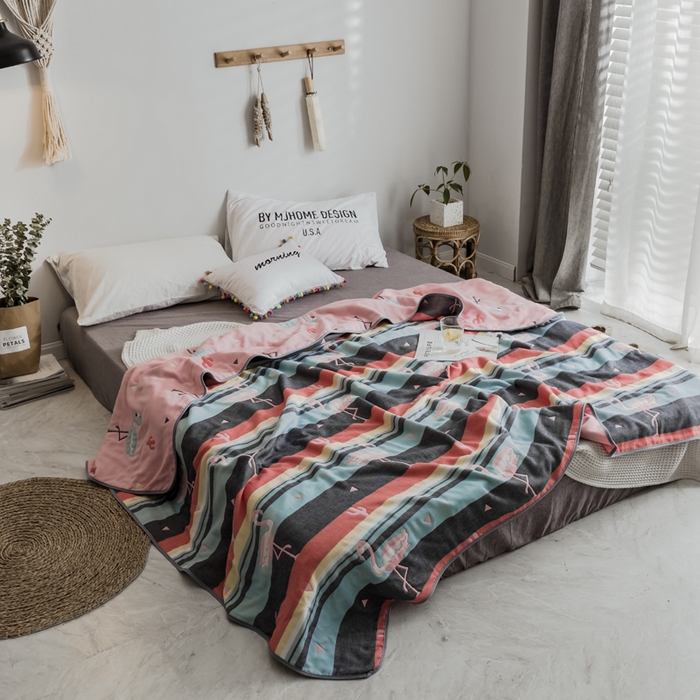 91家纺网 家纺一手货源 找家纺 朴尔家纺-毛巾被 2026新款经典六层纱布全棉毛巾被系列-朴尔经典款常年备货 幸福鸟粉