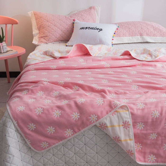 91家纺网 家纺一手货源 找家纺 朴尔家纺-毛巾被 2026新款经典六层纱布全棉毛巾被系列-朴尔经典款常年备货 小雏菊-粉