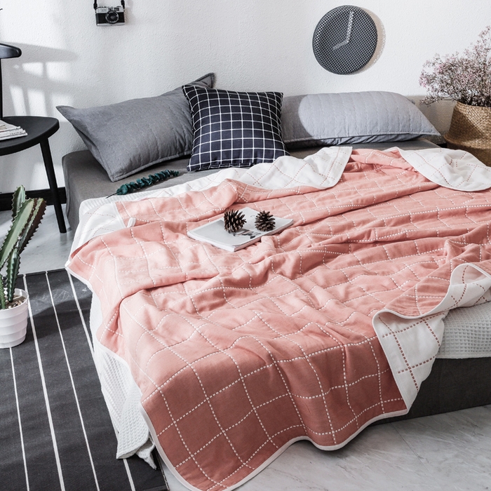 91家纺网 家纺一手货源 找家纺 朴尔家纺-毛巾被 2026新款经典六层纱布全棉毛巾被系列-朴尔经典款常年备货 时尚虚线-粉色