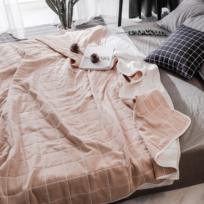 91家纺网 家纺一手货源 找家纺 朴尔家纺-毛巾被 2026新款经典六层纱布全棉毛巾被系列-朴尔经典款常年备货 时尚虚线-豆沙