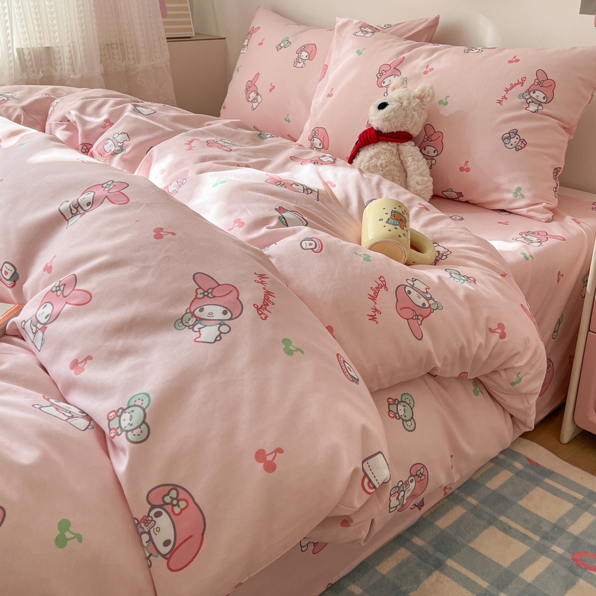 91家纺网 家纺一手货源 找家纺 耀悦家纺 2026新款纯棉四件套正版授权三丽鸥卡通第一弹 美乐蒂元气