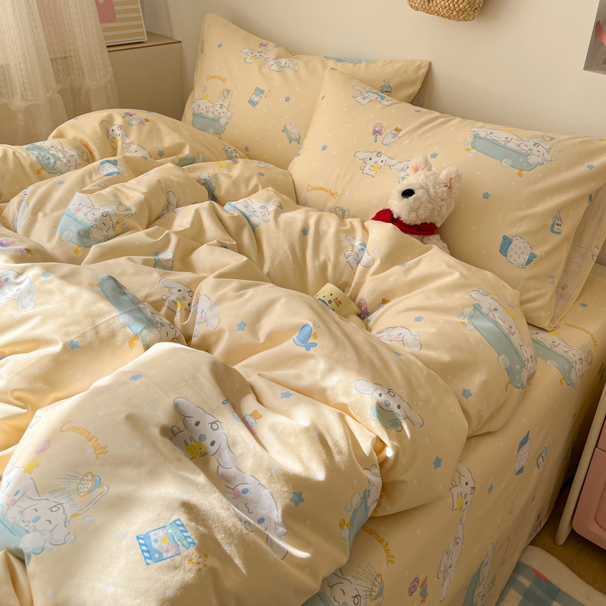 91家纺网 家纺一手货源 找家纺 耀悦家纺 2026新款纯棉四件套正版授权三丽鸥卡通第一弹 玉桂狗沐浴