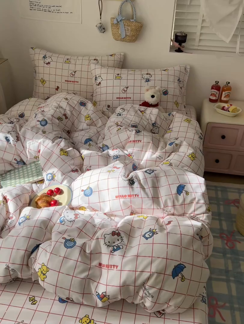 91家纺网 家纺一手货源 找家纺 耀悦家纺 2026新款纯棉四件套正版授权三丽鸥卡通第一弹 Hello Kitty运动