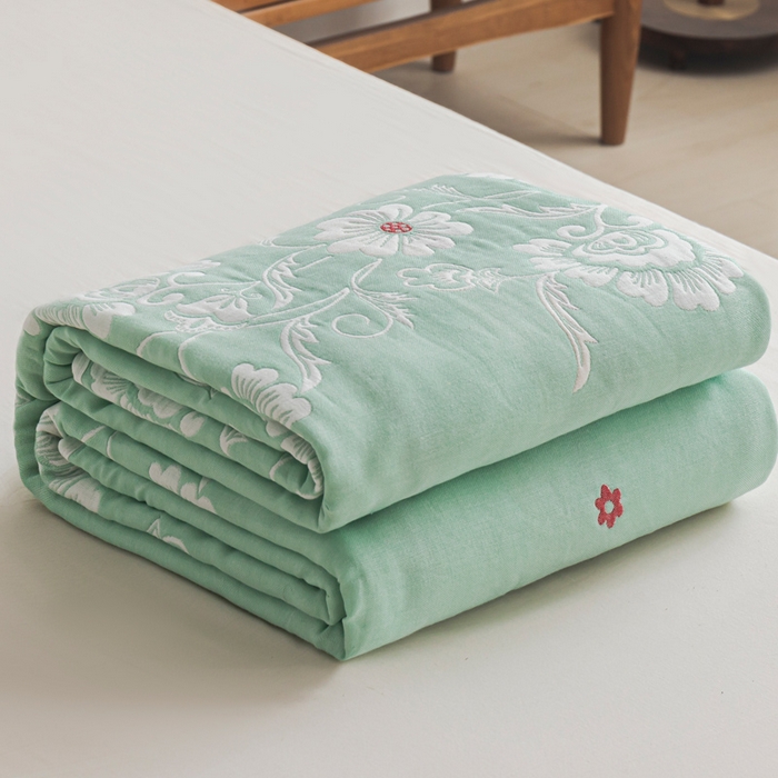 91家纺网 家纺一手货源 找家纺 朴尔家纺-毛巾被 2026新款抽象风格六层纱布毛巾被系列-朴尔经典款常年备货 那些花儿-浅绿