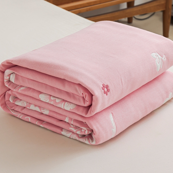 91家纺网 家纺一手货源 找家纺 朴尔家纺-毛巾被 2026新款抽象风格六层纱布毛巾被系列-朴尔经典款常年备货 那些花儿-粉