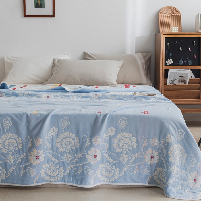 91家纺网 家纺一手货源 找家纺 朴尔家纺-毛巾被 2026新款抽象风格六层纱布毛巾被系列-朴尔经典款常年备货 那些花儿-浅蓝