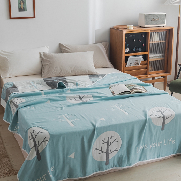 91家纺网 家纺一手货源 找家纺 朴尔家纺-毛巾被 2026新款抽象风格六层纱布毛巾被系列-朴尔经典款常年备货 幸福小树-绿