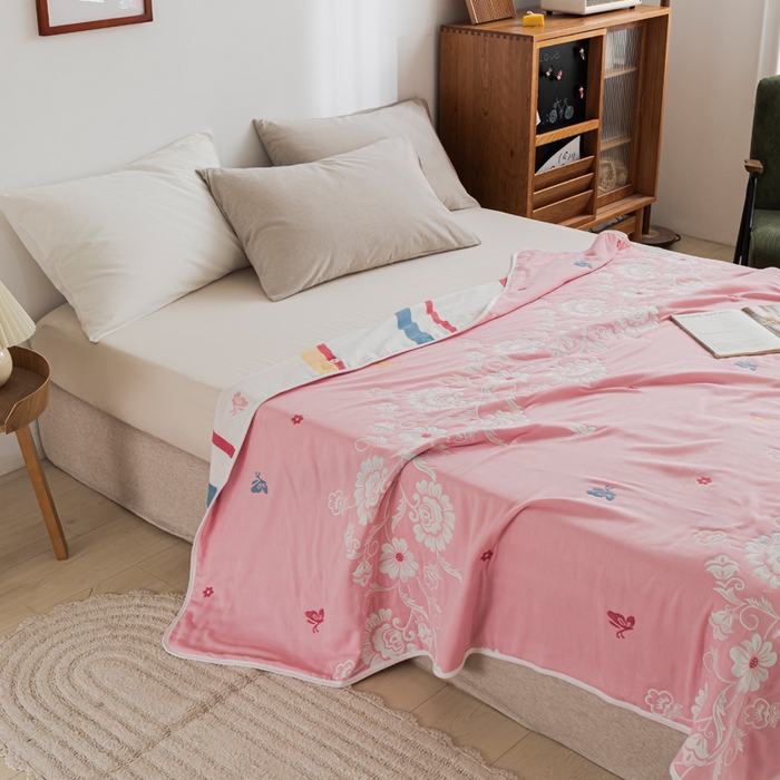 91家纺网 家纺一手货源 找家纺 朴尔家纺-毛巾被 2026新款抽象风格六层纱布毛巾被系列-朴尔经典款常年备货 那些花儿-粉