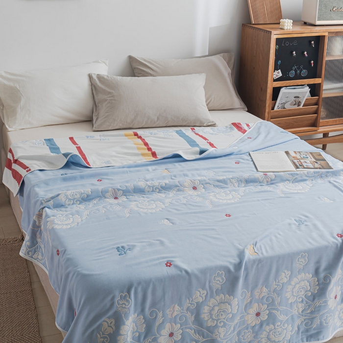 91家纺网 家纺一手货源 找家纺 朴尔家纺-毛巾被 2026新款抽象风格六层纱布毛巾被系列-朴尔经典款常年备货 那些花儿-浅蓝