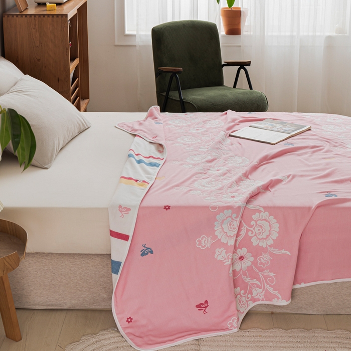 91家纺网 家纺一手货源 找家纺 朴尔家纺-毛巾被 2026新款抽象风格六层纱布毛巾被系列-朴尔经典款常年备货 那些花儿-粉