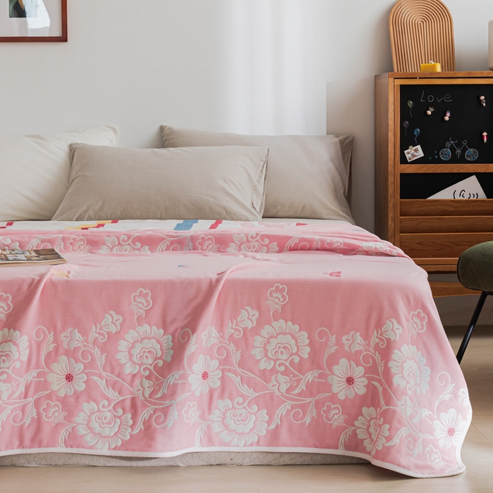 91家纺网 家纺一手货源 找家纺 朴尔家纺-毛巾被 2026新款抽象风格六层纱布毛巾被系列-朴尔经典款常年备货 那些花儿-粉