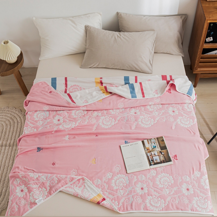 91家纺网 家纺一手货源 找家纺 朴尔家纺-毛巾被 2026新款抽象风格六层纱布毛巾被系列-朴尔经典款常年备货 那些花儿-粉