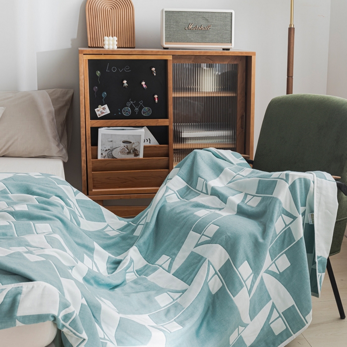 91家纺网 家纺一手货源 找家纺 朴尔家纺-毛巾被 2026新款抽象风格六层纱布毛巾被系列-朴尔经典款常年备货 魔幻世界-绿