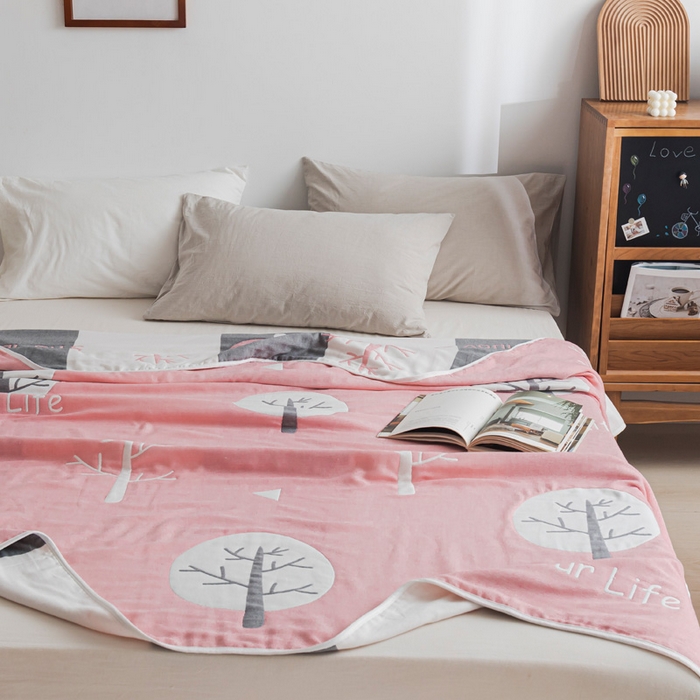 91家纺网 家纺一手货源 找家纺 朴尔家纺-毛巾被 2026新款抽象风格六层纱布毛巾被系列-朴尔经典款常年备货 幸福小树-粉