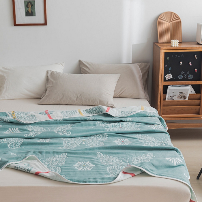 91家纺网 家纺一手货源 找家纺 朴尔家纺-毛巾被 2026新款抽象风格六层纱布毛巾被系列-朴尔经典款常年备货 蝴蝶泉边-绿