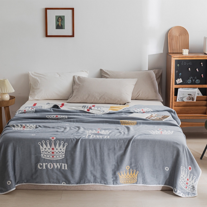 91家纺网 家纺一手货源 找家纺 朴尔家纺-毛巾被 2026新款抽象风格六层纱布毛巾被系列-朴尔经典款常年备货 尊贵皇冠-灰