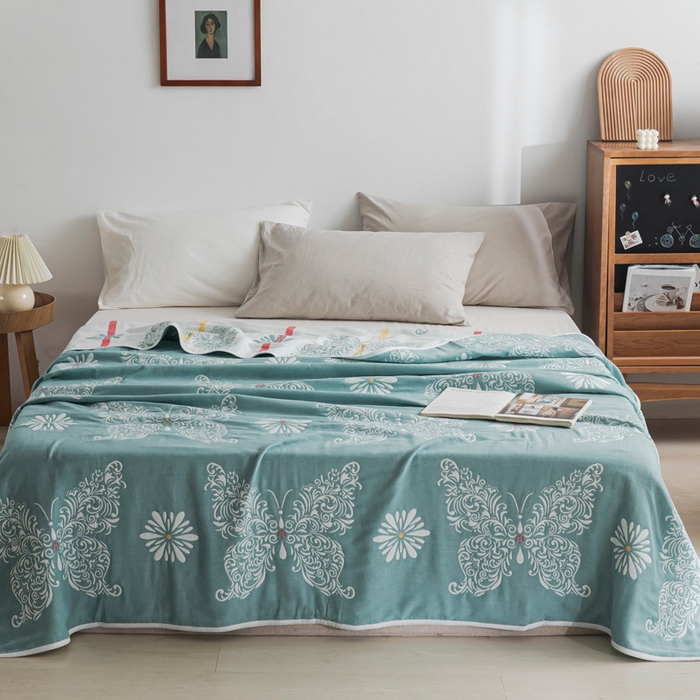 91家纺网 家纺一手货源 找家纺 朴尔家纺-毛巾被 2026新款抽象风格六层纱布毛巾被系列-朴尔经典款常年备货 蝴蝶泉边-绿