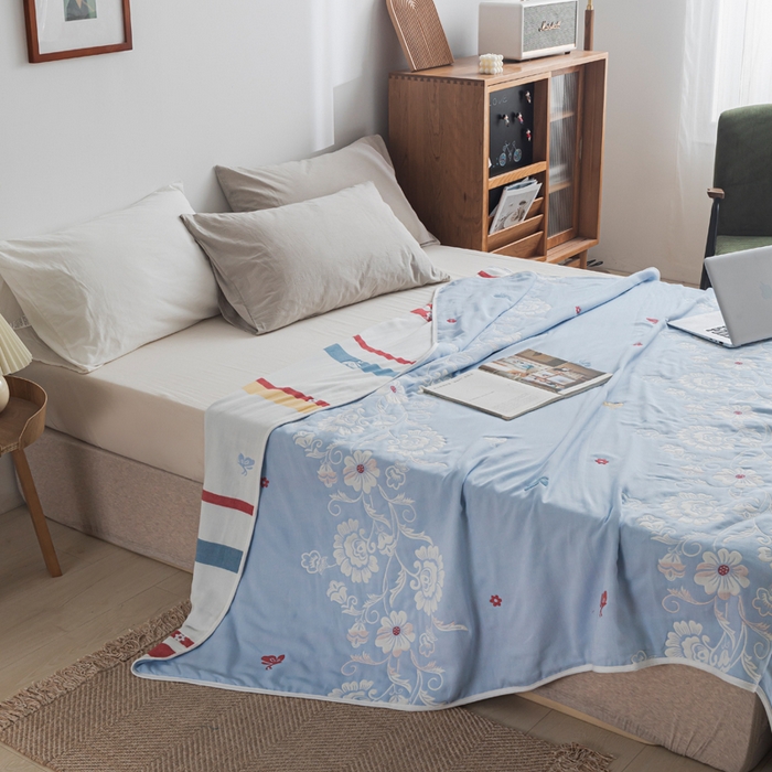 91家纺网 家纺一手货源 找家纺 朴尔家纺-毛巾被 2026新款抽象风格六层纱布毛巾被系列-朴尔经典款常年备货 那些花儿-浅蓝