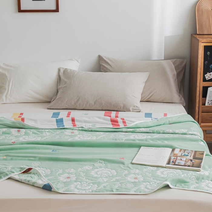 91家纺网 家纺一手货源 找家纺 朴尔家纺-毛巾被 2026新款抽象风格六层纱布毛巾被系列-朴尔经典款常年备货 那些花儿-浅绿