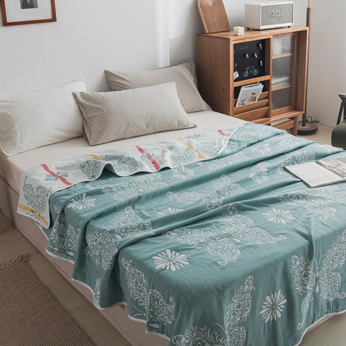 91家纺网 家纺一手货源 找家纺 朴尔家纺-毛巾被 2026新款抽象风格六层纱布毛巾被系列-朴尔经典款常年备货 蝴蝶泉边-绿