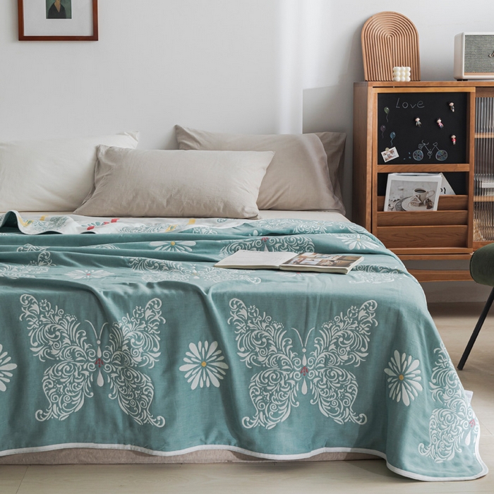 91家纺网 家纺一手货源 找家纺 朴尔家纺-毛巾被 2026新款抽象风格六层纱布毛巾被系列-朴尔经典款常年备货 蝴蝶泉边-绿