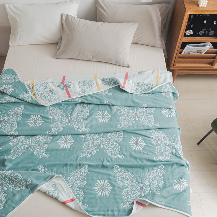 91家纺网 家纺一手货源 找家纺 朴尔家纺-毛巾被 2026新款抽象风格六层纱布毛巾被系列-朴尔经典款常年备货 蝴蝶泉边-绿