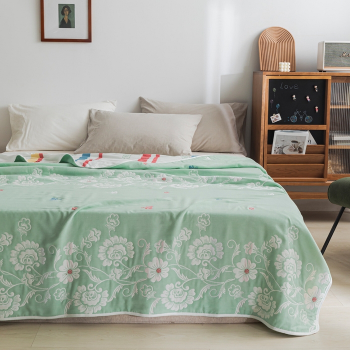 91家纺网 家纺一手货源 找家纺 朴尔家纺-毛巾被 2026新款抽象风格六层纱布毛巾被系列-朴尔经典款常年备货 那些花儿-浅绿