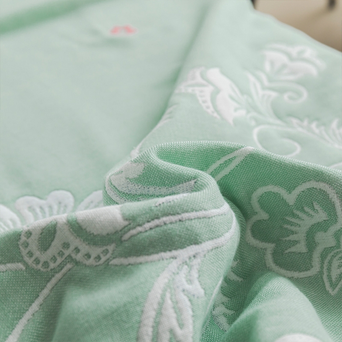 91家纺网 家纺一手货源 找家纺 朴尔家纺-毛巾被 2026新款抽象风格六层纱布毛巾被系列-朴尔经典款常年备货 那些花儿-浅绿