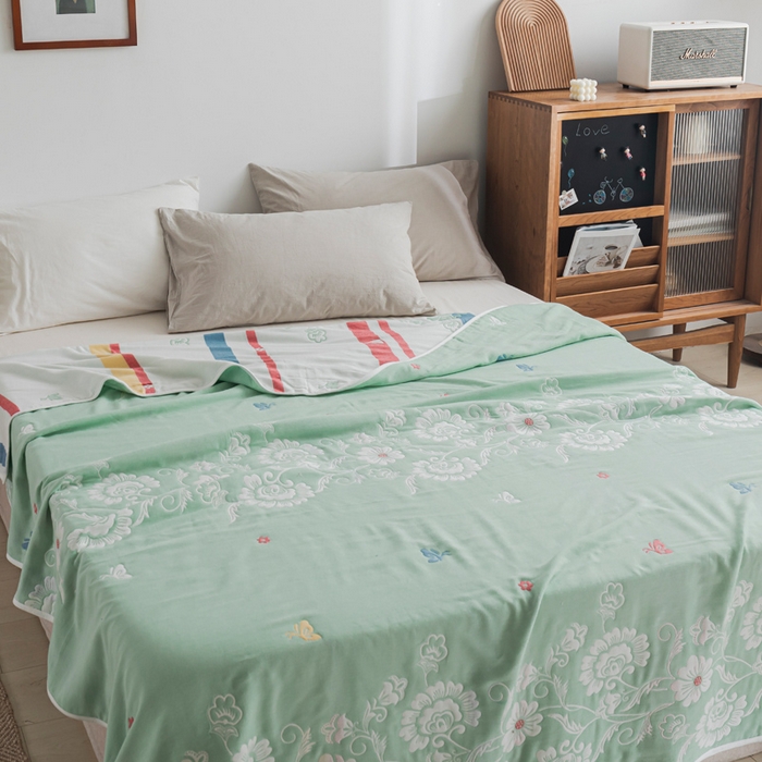 91家纺网 家纺一手货源 找家纺 朴尔家纺-毛巾被 2026新款抽象风格六层纱布毛巾被系列-朴尔经典款常年备货 那些花儿-浅绿