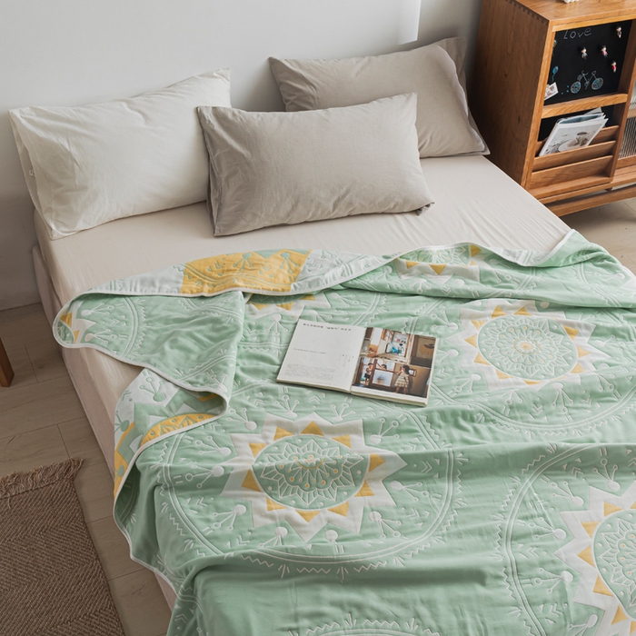 91家纺网 家纺一手货源 找家纺 朴尔家纺-毛巾被 2026新款抽象风格六层纱布毛巾被系列-朴尔经典款常年备货 洛丽塔-浅绿