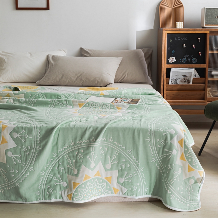 91家纺网 家纺一手货源 找家纺 朴尔家纺-毛巾被 2026新款抽象风格六层纱布毛巾被系列-朴尔经典款常年备货 洛丽塔-浅绿