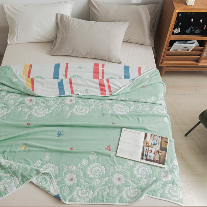 91家纺网 家纺一手货源 找家纺 朴尔家纺-毛巾被 2026新款抽象风格六层纱布毛巾被系列-朴尔经典款常年备货 那些花儿-浅绿