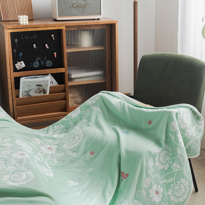 91家纺网 家纺一手货源 找家纺 朴尔家纺-毛巾被 2026新款抽象风格六层纱布毛巾被系列-朴尔经典款常年备货 那些花儿-浅绿