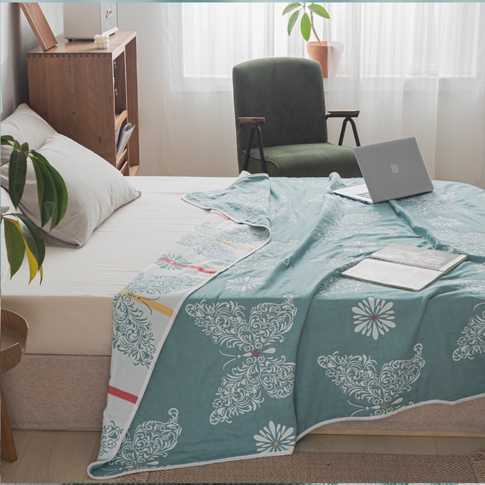 91家纺网 家纺一手货源 找家纺 朴尔家纺-毛巾被 2026新款抽象风格六层纱布毛巾被系列-朴尔经典款常年备货 蝴蝶泉边-绿