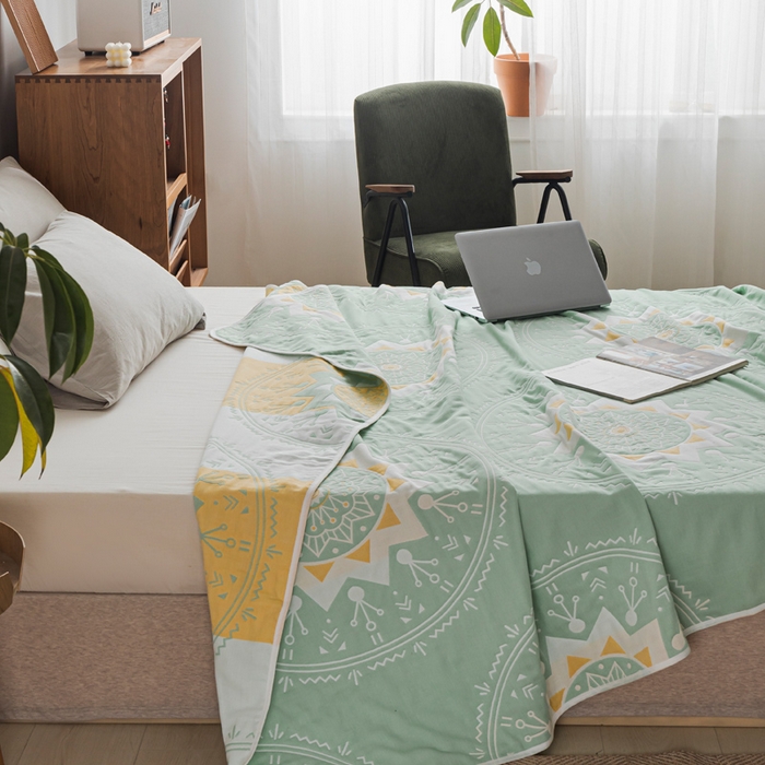 91家纺网 家纺一手货源 找家纺 朴尔家纺-毛巾被 2026新款抽象风格六层纱布毛巾被系列-朴尔经典款常年备货 洛丽塔-浅绿