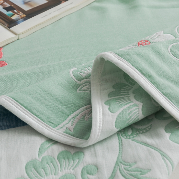 91家纺网 家纺一手货源 找家纺 朴尔家纺-毛巾被 2026新款抽象风格六层纱布毛巾被系列-朴尔经典款常年备货 那些花儿-浅绿