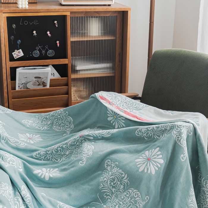 91家纺网 家纺一手货源 找家纺 朴尔家纺-毛巾被 2026新款抽象风格六层纱布毛巾被系列-朴尔经典款常年备货 蝴蝶泉边-绿