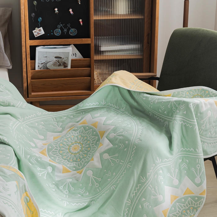 91家纺网 家纺一手货源 找家纺 朴尔家纺-毛巾被 2026新款抽象风格六层纱布毛巾被系列-朴尔经典款常年备货 洛丽塔-浅绿