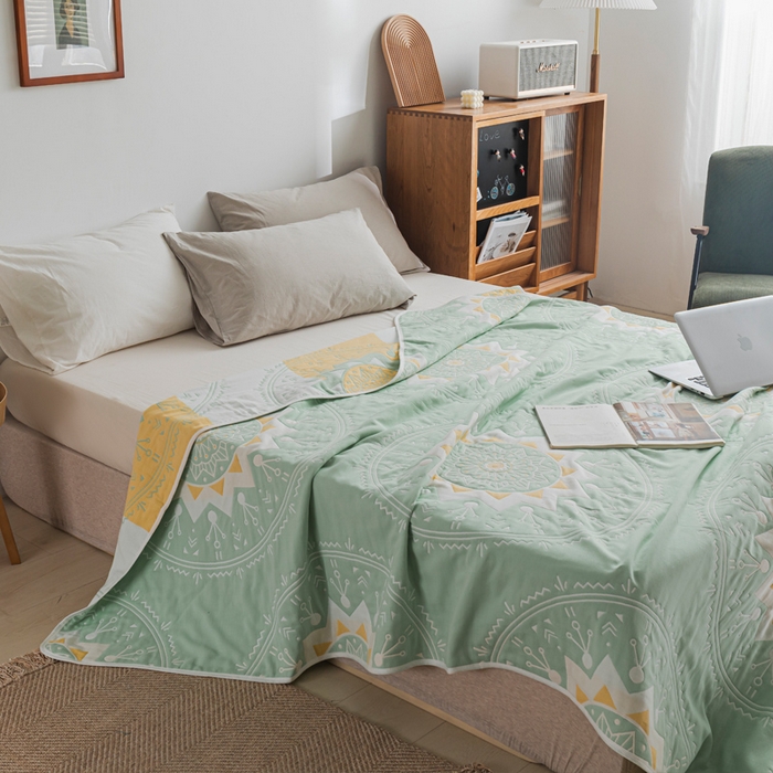 91家纺网 家纺一手货源 找家纺 朴尔家纺-毛巾被 2026新款抽象风格六层纱布毛巾被系列-朴尔经典款常年备货 洛丽塔-浅绿