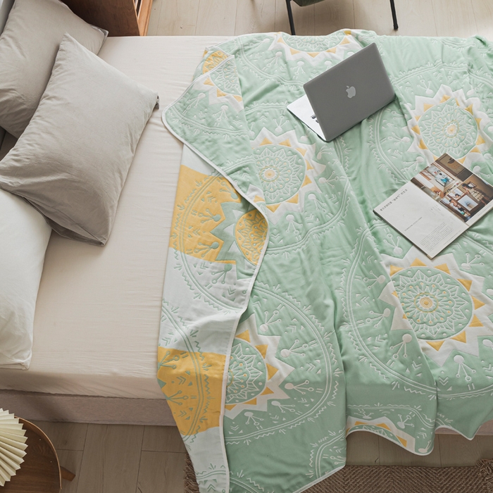 91家纺网 家纺一手货源 找家纺 朴尔家纺-毛巾被 2026新款抽象风格六层纱布毛巾被系列-朴尔经典款常年备货 洛丽塔-浅绿