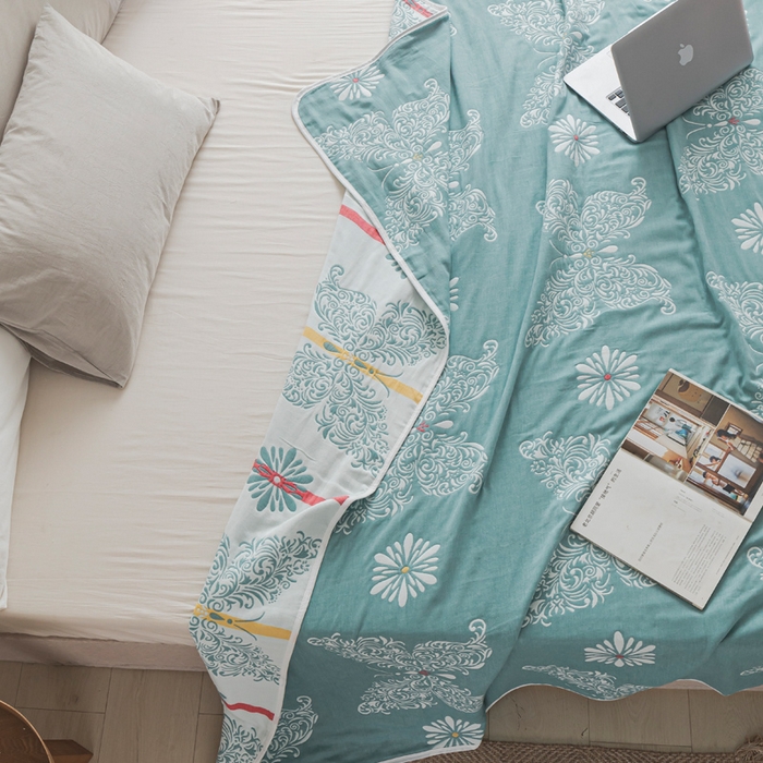 91家纺网 家纺一手货源 找家纺 朴尔家纺-毛巾被 2026新款抽象风格六层纱布毛巾被系列-朴尔经典款常年备货 蝴蝶泉边-绿